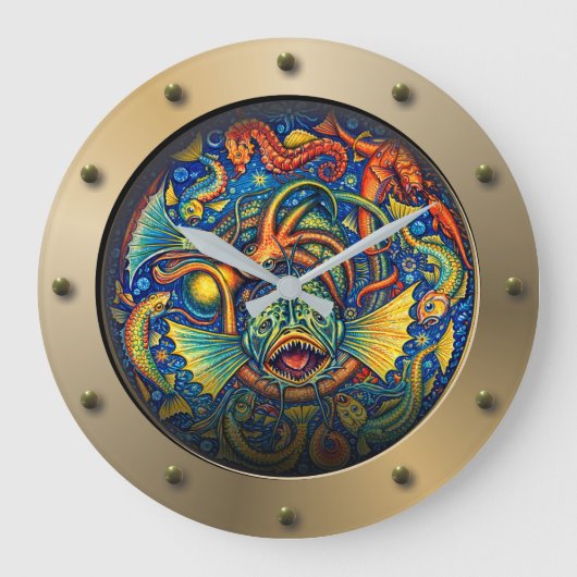 Steampunk Submarine Porthole Undersea Creatures ラージ壁時計 (正面)