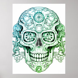 Steampunk Sugar Skull Drawing Art for Adults Wall ポスター