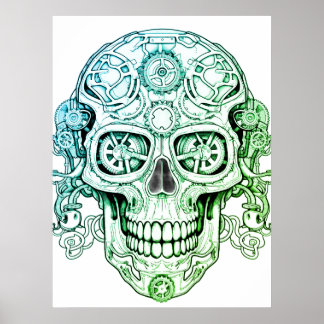 Steampunk Sugar Skull Drawing Art for Adults Wall ポスター