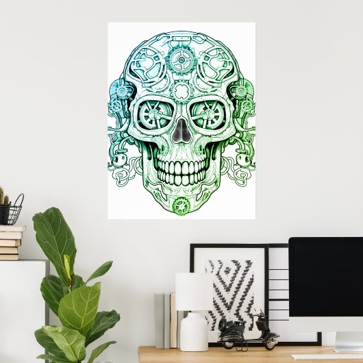 Steampunk Sugar Skull Drawing Art for Adults Wall ポスター (ホームオフィス)