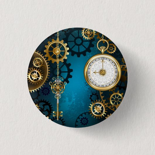 Steampunk turquoise Background with Gears 缶バッジ (正面)