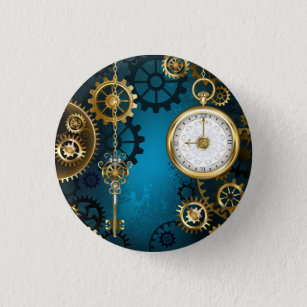 Steampunk turquoise Background with Gears 缶バッジ