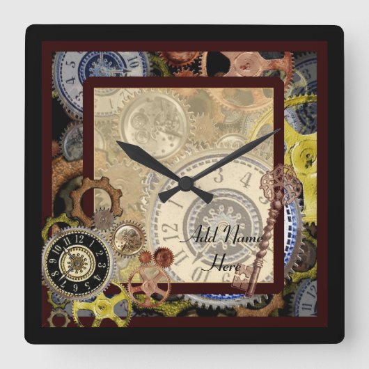 Steampunk wallclock square – 名前を追加カスタマイズ スクエア壁時計 (正面)