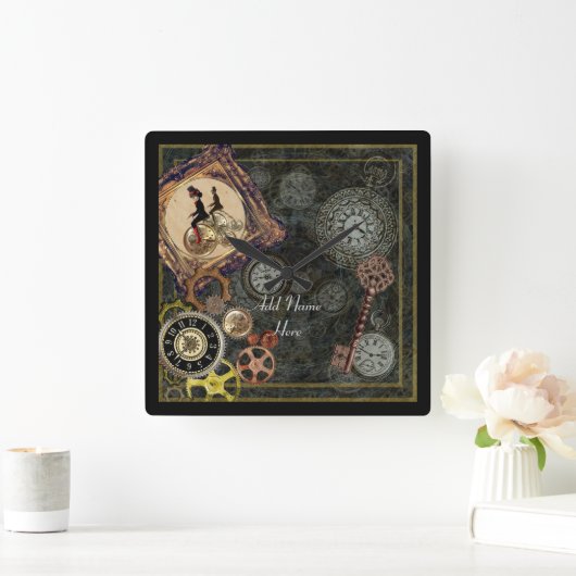 Steampunk wallclock square – 名前を追加カスタマイズ スクエア壁時計 (ホーム)