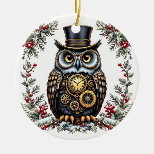 Steampunk Weihnachts-Eule セラミックオーナメント (正面)
