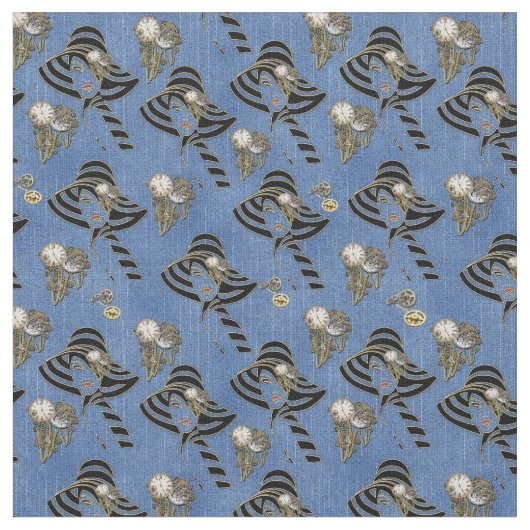 Steampunk with Ladies Hats on Blue Denim ファブリック (クローズアップ)