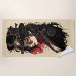 Steampunk Woman Portrait Vintage Gear Art ビーチタオル