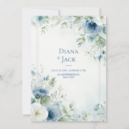 Steel Blue Botanical Rose Gold Double Frame 招待状