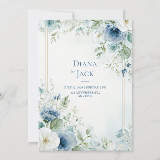 Steel Blue Botanical Rose Gold Double Frame 招待状 (正面)
