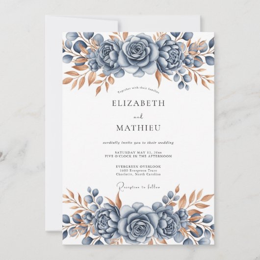 Steel Blue Bronze Botanical Wedding 招待状 (正面)