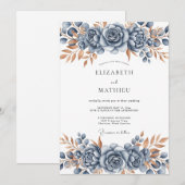 Steel Blue Bronze Botanical Wedding 招待状 (正面/裏面)