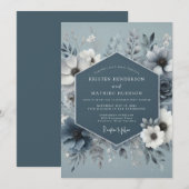Steel Blue Icy Blossom Wedding 招待状 (正面/裏面)
