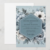 Steel Blue Monotone Flora Wedding 招待状 (正面/裏面)