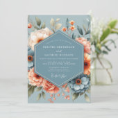 Steel Blue Peach Romantic Wedding 招待状 (スタンド正面)