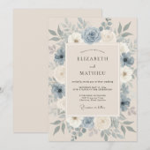 Steel Blue Sophisticated Floral Wedding 招待状 (正面/裏面)