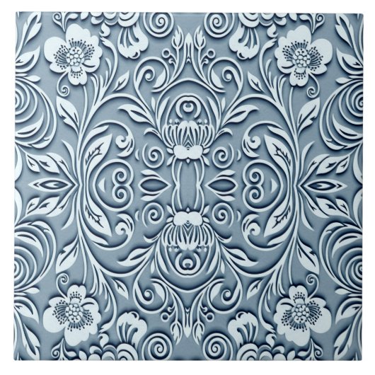 Steel Blue Symmetrical Embossed Floral Design  タイル (正面)