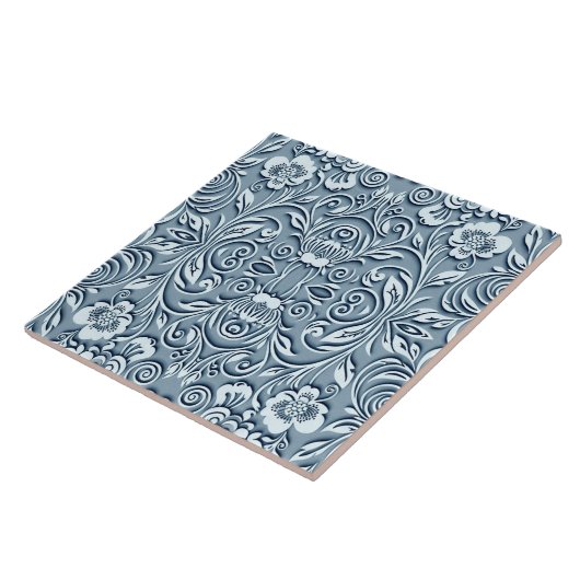 Steel Blue Symmetrical Embossed Floral Design タイル (側面)