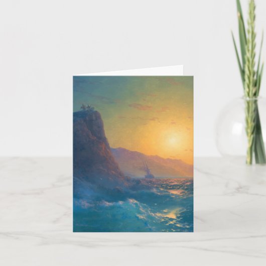 Steep rocky coast and a rough sea at sunset カード (正面)