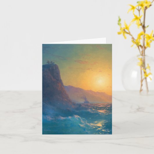 Steep rocky coast and a rough sea at sunset カード (黄色い花)