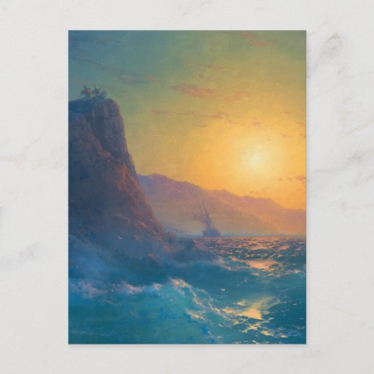 Steep rocky coast and a rough sea at sunset ポストカード (正面)
