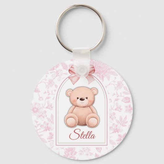 Stella | オーダーメイド ピンクのテディベアの保育園デザイン キーホルダー (正面)