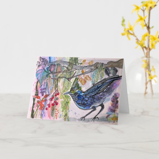 Stellar Jay – 内部空白のグリーティングカード カード (黄色い花)