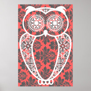 StellaRoot Hoot Owl Vintage Damask Print ポスター
