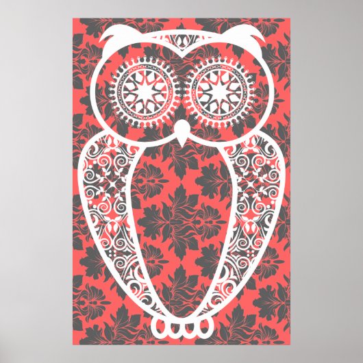 StellaRoot Hoot Owl Vintage Damask Print ポスター (正面)