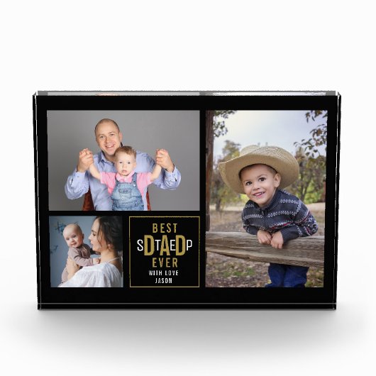 Step最高のパパEver 3フォトコラージュ黒と金ゴールド フォトブロック (正面)