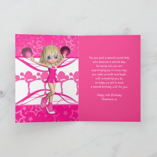 Stephanieのピンクの第10バースデー・カードのチアリーダー カード (内部)