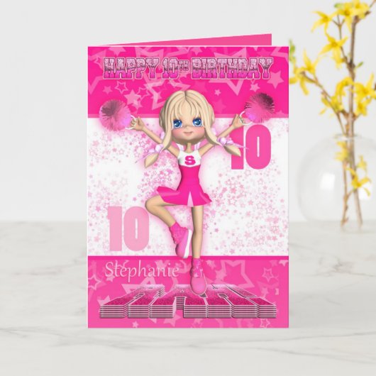 Stephanieのピンクの第10バースデー・カードのチアリーダー カード (黄色い花)