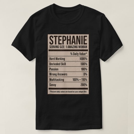 Stephanie Nutrition Facts Name Nickname Alias Titl Tシャツ (デザイン正面)