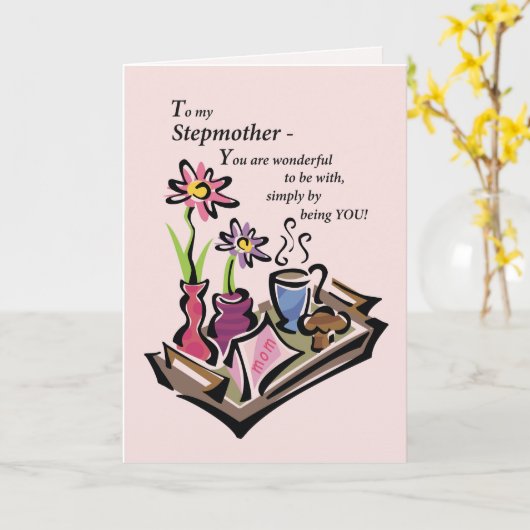 StepMom, Mother's Day, Breakfast in Bed, Pink カード (黄色い花)