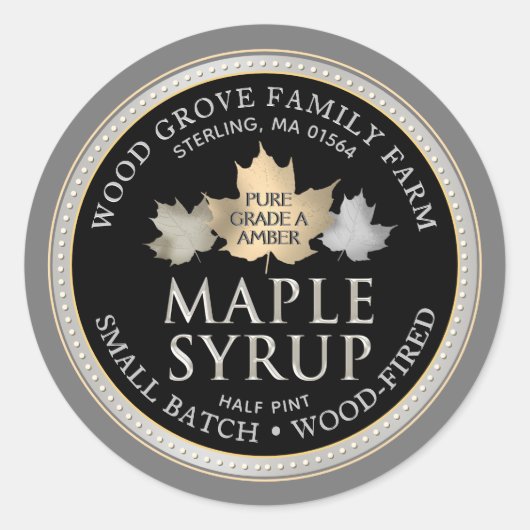 Sterling Label Small Batch Maple Syrup Gold Leaf ラウンドシール (正面)