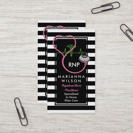Stethescopeを看護しているBWのストライプでモダンなナース 名刺 (正面/裏面インサイチュ)