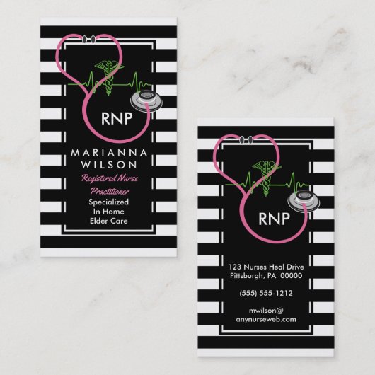 Stethescopeを看護しているBWのストライプでモダンなナース 名刺 (正面/裏面)