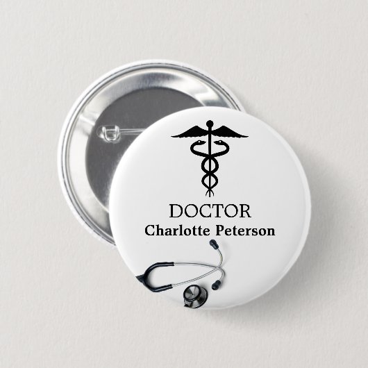 Stethoscope Caduceus Doctor Nameタグ 缶バッジ (正面&裏面)