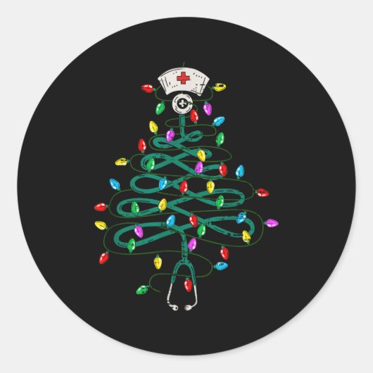 Stethoscope Christmas Tree Lights Nurse Christmas  ラウンドシール (正面)