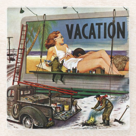 Stevan Dohanos著冬の掲示板ペインター ガラスコースター (正面)