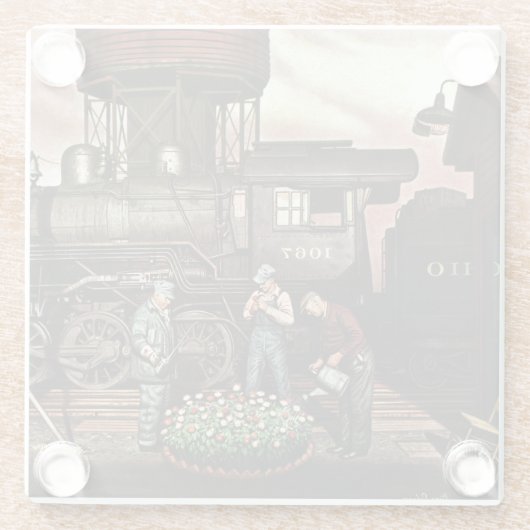 Stevan Dohanos著列車のヤードの花園 ガラスコースター (裏面)