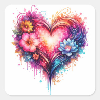 sticker Autocollant carré coeur coloré スクエアシール