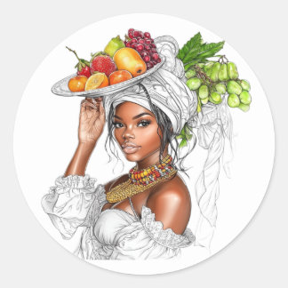 Sticker. Beautiful girl with fruits ラウンドシール