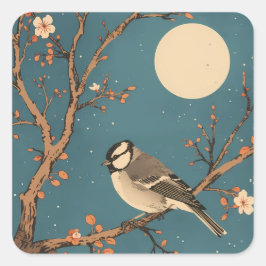 Sticker Carré Moonlit Bird on Blossom Branch スクエアシール
