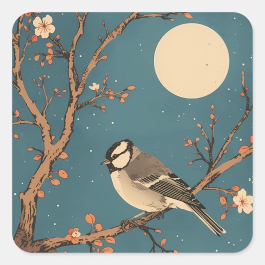 Sticker Carré Moonlit Bird on Blossom Branch スクエアシール (正面)