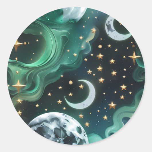 Sticker - Emerald Green Celestial Moon Mystic Luna ラウンドシール (正面)