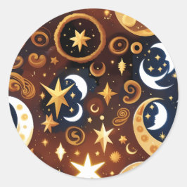 Sticker - Golden Ochre Celestial Moon Mystic Lunar ラウンドシール