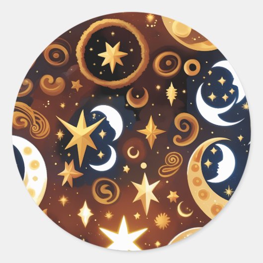 Sticker - Golden Ochre Celestial Moon Mystic Lunar ラウンドシール (正面)