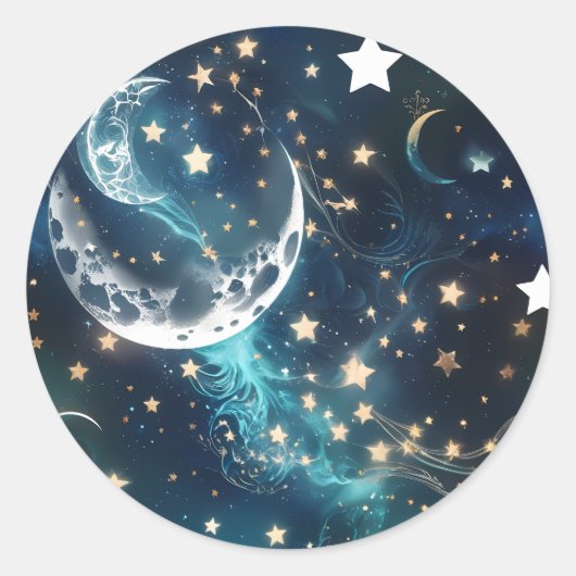 Sticker - Icy Blue Moon Phases Celestial Moon Desi ラウンドシール (正面)