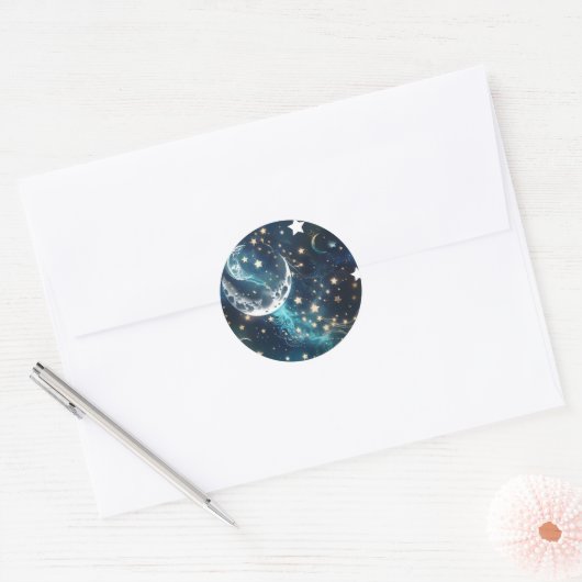 Sticker - Icy Blue Moon Phases Celestial Moon Desi ラウンドシール (封筒)