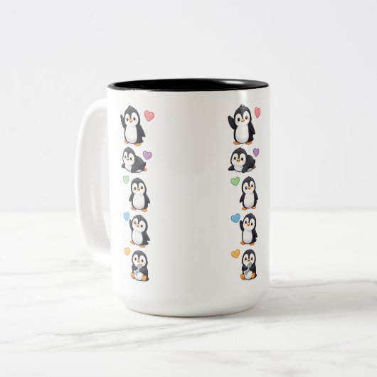 Sticker Pack Mug Kawaii Penguin with Colorful Hear ツートーンマグカップ (正面左)